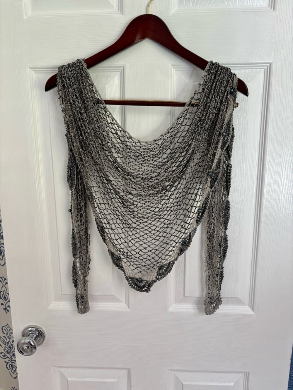 Beaded Mesh Shawl Scarf in Silver and Gray
